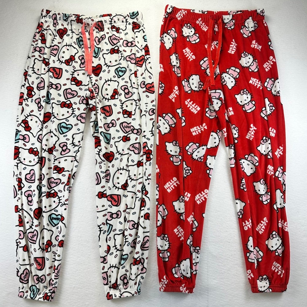 Hello Kitty Sanrio Pajama Pants 2 Pack Bundle Red White Hearts Small Stretch